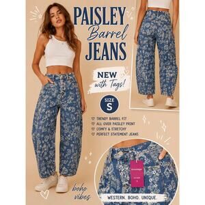 Paisley Print Barrel Jeans Wide Leg Denim Pants Boho Western S NWT